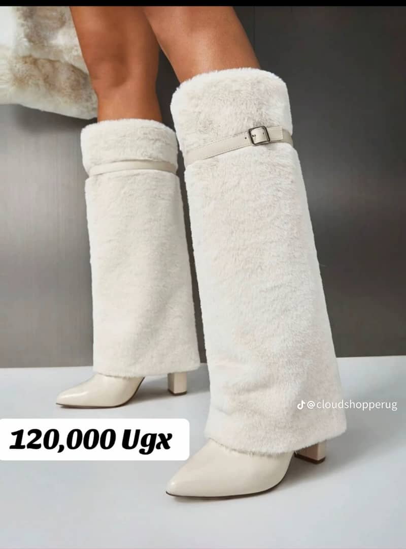 white, knee-high, faux fur boots