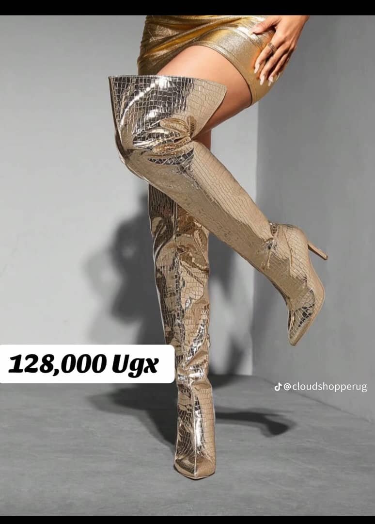 gold, over-the-knee, high-heeled boots