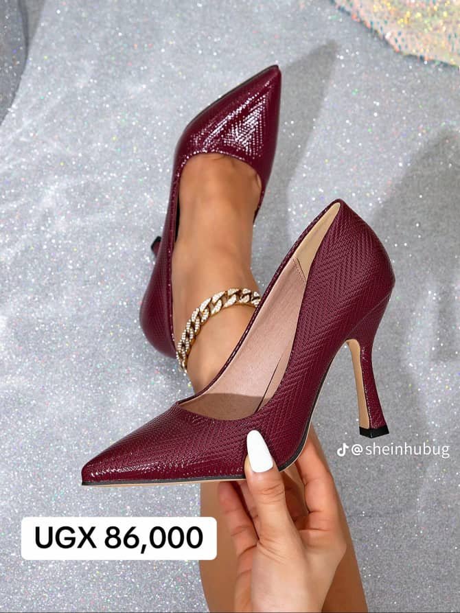 burgundy, pointed-toe high-heeled pumps