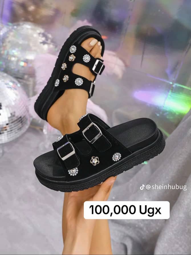 Black Studded Buckle Decor Flatform Slide Sandals