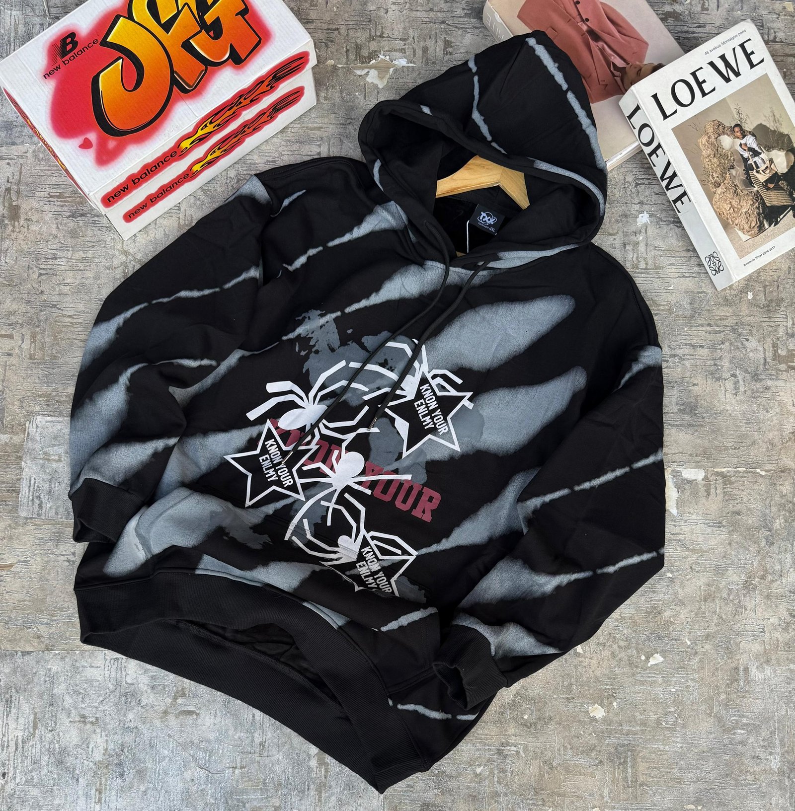 Black and White Tie-Dye Hoodie with Spider and Star Graphics