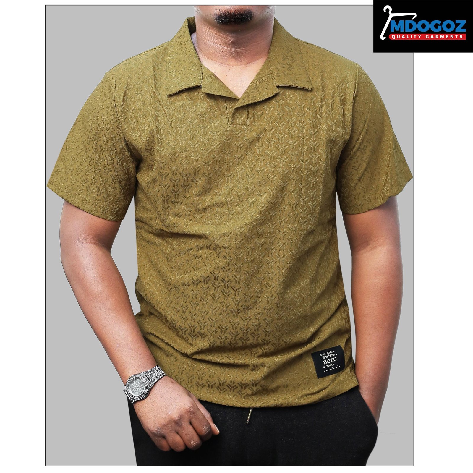 MDOGOZ Men’s Textured Revere Collar Polo Shirt