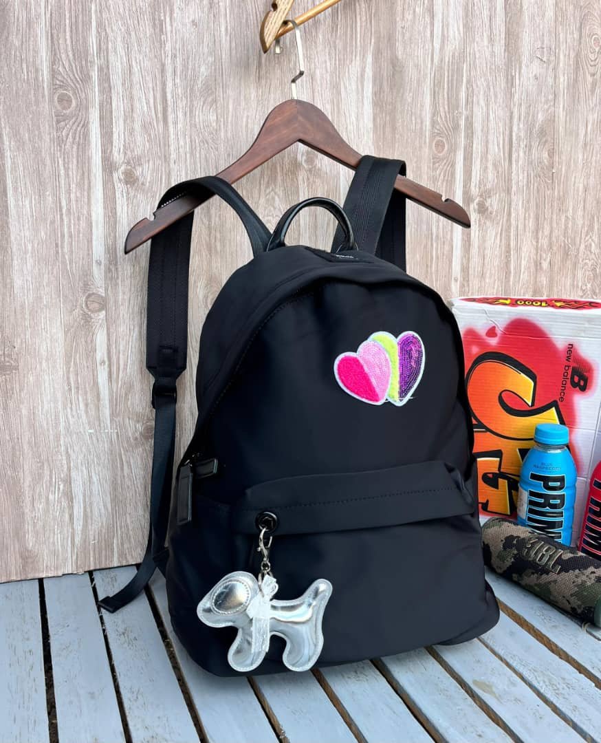Black Backpack with Heart Patches and Dog Keychain