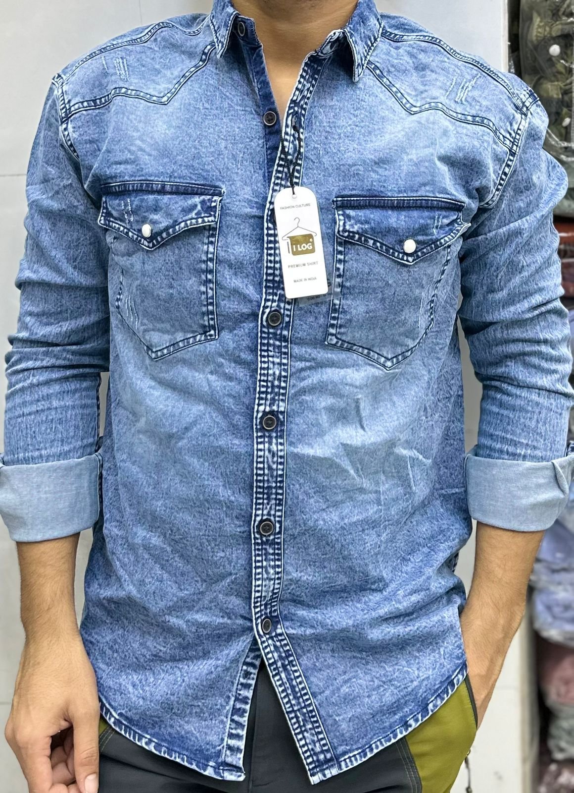 men’s light wash denim shirt