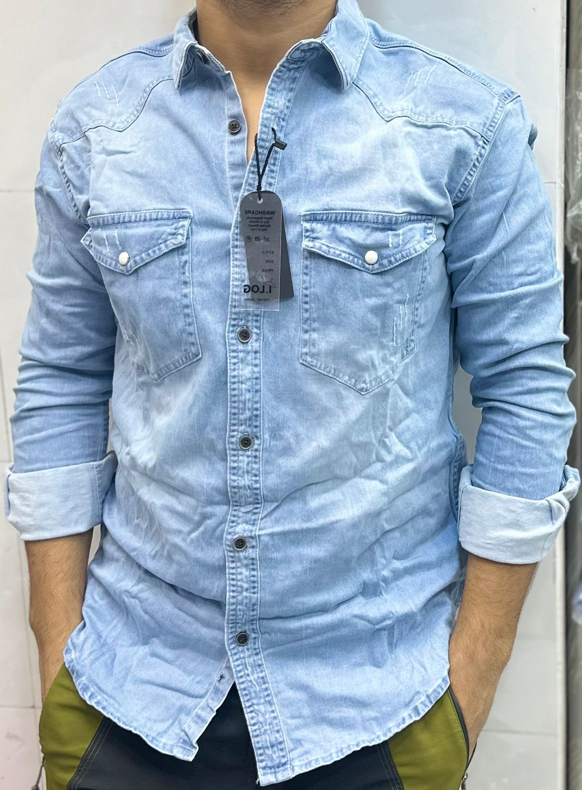 men’s light wash denim shirt