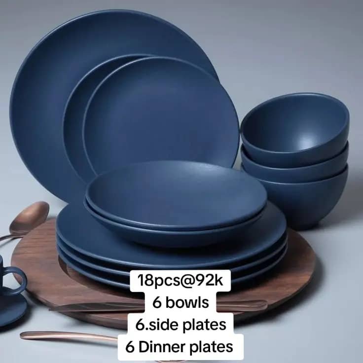 18-piece stoneware collection in a matte blue finish.