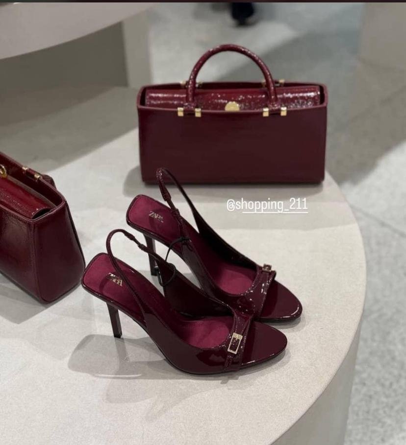 burgundy patent-effect slingback heels and bag